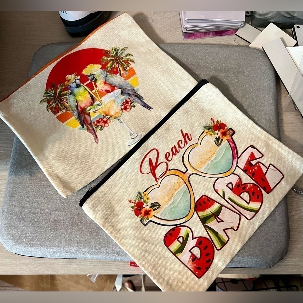 Handcrafted Lot of two make up bags with fresh pressed transfers!